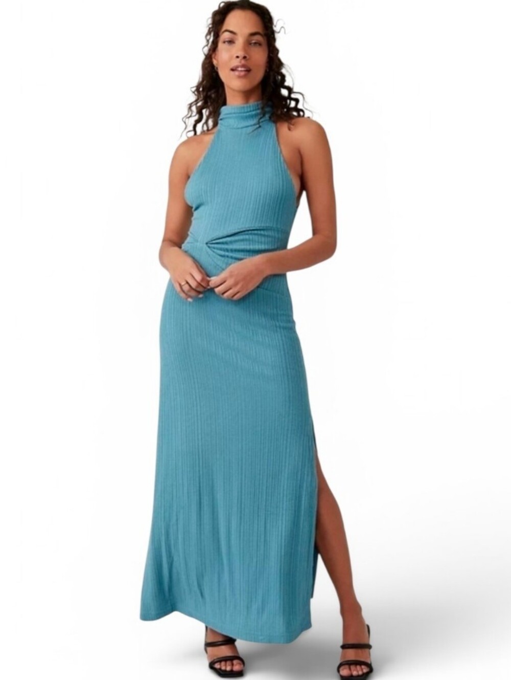 FREE PEOPLE Athena Blue Ribbed Halter Sleeveless Twist Front Maxi Dress - Small